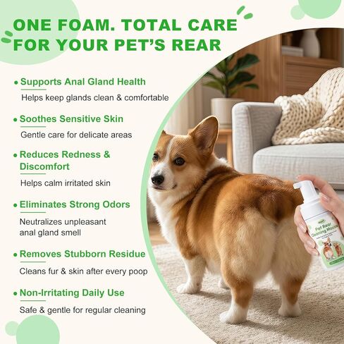 Pet Anal Gland Cleaner & Dog Butt Wash Mousse - No-Rinse Deodorizing Foam for Dogs & Cats - Deep Cleansing for Itchy Scooting, Fishy Odors & Sticky Mess in Kuwait