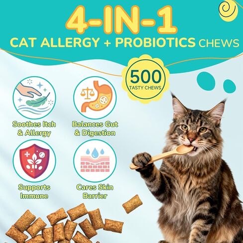Woyamay Cat Allergy Relief for Cats with Probiotics, 500 Crunchy Cat Probiotic & Allergy Chews, Cat Allergy Treats to Stop Itching & Scratching, Probiotics for Cats Support Gut Health, Chicken Flavor in Kuwait
