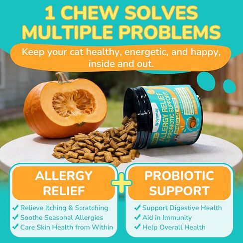 Woyamay Cat Allergy Relief for Cats with Probiotics, 500 Crunchy Cat Probiotic & Allergy Chews, Cat Allergy Treats to Stop Itching & Scratching, Probiotics for Cats Support Gut Health, Chicken Flavor in Kuwait