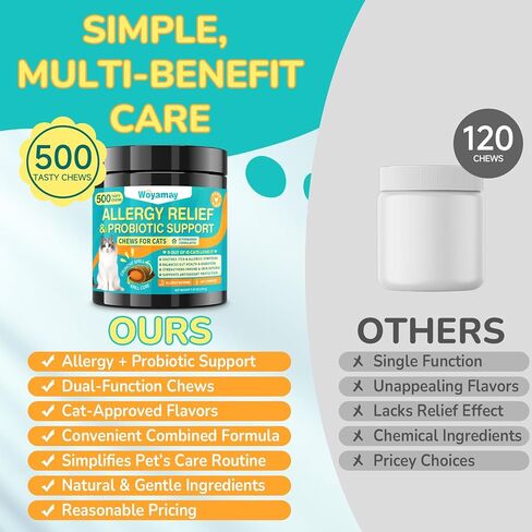 Woyamay Cat Allergy Relief for Cats with Probiotics, 500 Crunchy Cat Probiotic & Allergy Chews, Cat Allergy Treats to Stop Itching & Scratching, Probiotics for Cats Support Gut Health, Chicken Flavor in Kuwait