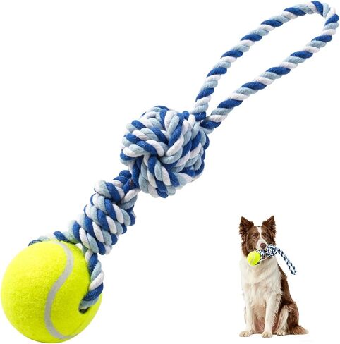 Interactive Tug of War Rope Toy for Medium & Small Dogs - Outdoor Tether Tug Toy with 1 Knot & Tennis Ball, Puppy Teething Chew Cotton Toy in Kuwait