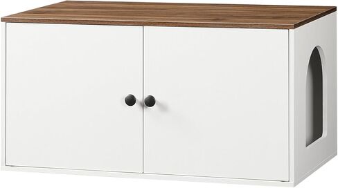 HOOBRO Cat Litter Box Enclosure, Hidden Litter Box Furniture with Side Entry, Litter Box Cabinet, Indoor Cat House, End Side Table, 31.5" L x 17.7" W x 16.3H, for Bathroom, White and Walnut WH40MW01 in Kuwait