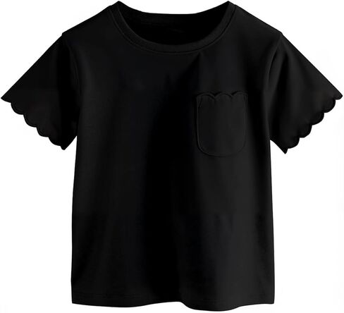 Girls Scalloped Edged Sleeves T-Shirts with Pocket 3-6 Years Casual Cotton Tee Tops Blouse in Saudi Arabia