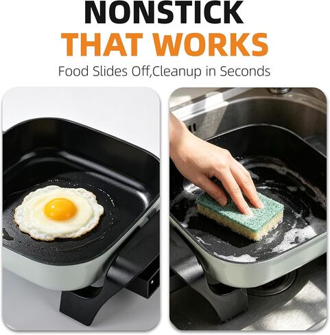 8" Electric Skillet with PFAS-Free Non-Stick Ceramic Coating, Removable Electric Frying Pan with Adjustable Temperature, Reversible Design, Tempered Glass Lid, Green in Kuwait