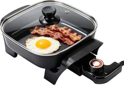 8" Electric Skillet with PFAS-Free Non-Stick Ceramic Coating, Removable Electric Frying Pan with Adjustable Temperature, Reversible Design, Tempered Glass Lid, Black in Kuwait