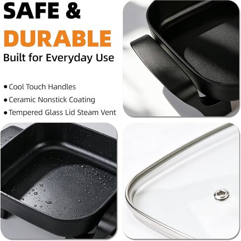 8" Electric Skillet with PFAS-Free Non-Stick Ceramic Coating, Removable Electric Frying Pan with Adjustable Temperature, Reversible Design, Tempered Glass Lid, Black in Kuwait