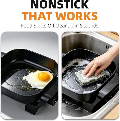 8" Electric Skillet with PFAS-Free Non-Stick Ceramic Coating, Removable Electric Frying Pan with Adjustable Temperature, Reversible Design, Tempered Glass Lid, Black in Kuwait