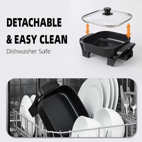 8" Electric Skillet with PFAS-Free Non-Stick Ceramic Coating, Removable Electric Frying Pan with Adjustable Temperature, Reversible Design, Tempered Glass Lid, Black in Kuwait