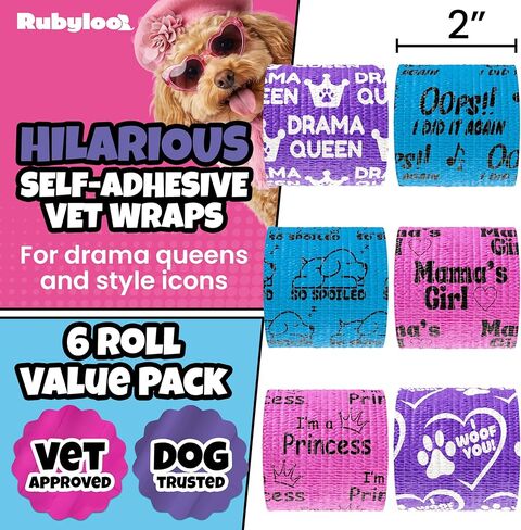 Vet Wrap for Dogs – Funny Dog Bandage for Wounds – Girls 6 Pack 2" Self-Adhesive Vet Tape – Breathable Pet Wrap Bandage for Hot Spots & Injuries – Dog First Aid Kit Supplies – Oops Wraps by Rubyloo in Kuwait