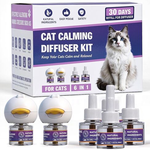 Cat Calming Pheromone Diffuser, Cat Anxiety Relief Diffuser Plug in Calmer with 2 Diffusers & 4 Refills, Reduce Cat Anxiety, Cat Fighting, Urine Marking, Scratching & Stress 48ml/Bottle for All Cats in Kuwait