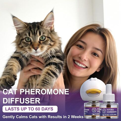Cat Calming Pheromone Diffuser, Cat Anxiety Relief Diffuser Plug in Calmer with 2 Diffusers & 4 Refills, Reduce Cat Anxiety, Cat Fighting, Urine Marking, Scratching & Stress 48ml/Bottle for All Cats in Kuwait