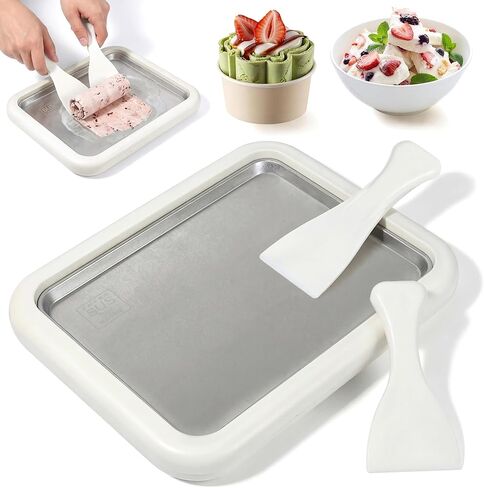 Rolled Ice Cream Maker - Instant Freeze Tray Roller for DIY Ice Cream Roll Homemade Frozen Yogurt Gelato Sorbet - Stainless Steel Cold Plate Pan Icecream Rolling Board Kit with 2 Spatulas in Kuwait