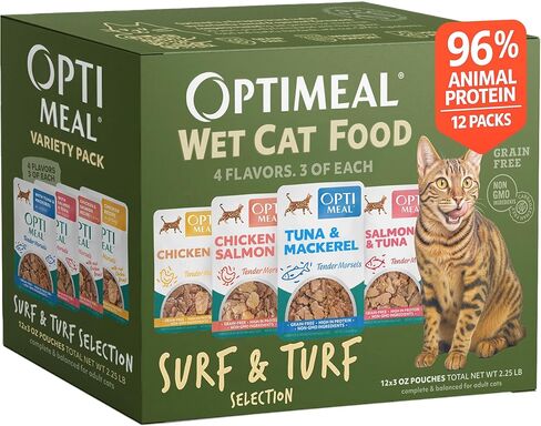 Optimeal Wet Cat Food Variety Pack - Surf & Turf Selection, Grain Free Tender Morsels, High Protein Premium Nutrition Made with Natural European Ingredients, Adult Cat Pouches 3oz (Pack of 12) in Kuwait