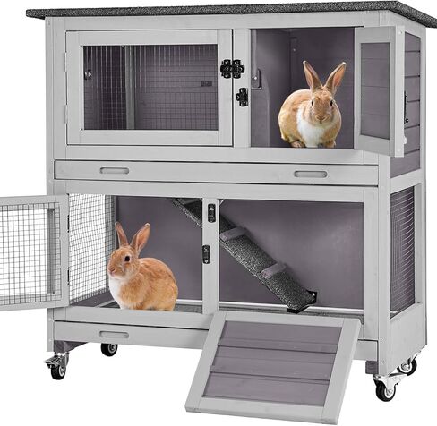 Aivituvin Rabbit Hutch Indoor Bunny Cage Outdoor 2 Story Pet House Guinea Pig Cage on Wheels 36" L in Kuwait