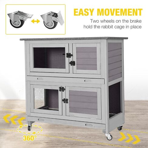 Aivituvin Rabbit Hutch Indoor Bunny Cage Outdoor 2 Story Pet House Guinea Pig Cage on Wheels 36" L in Kuwait