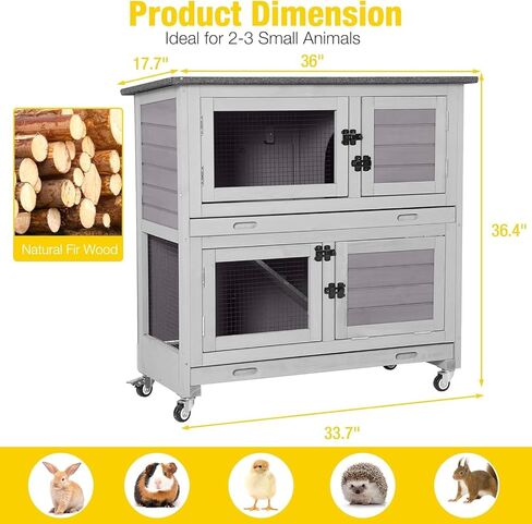 Aivituvin Rabbit Hutch Indoor Bunny Cage Outdoor 2 Story Pet House Guinea Pig Cage on Wheels 36" L in Kuwait