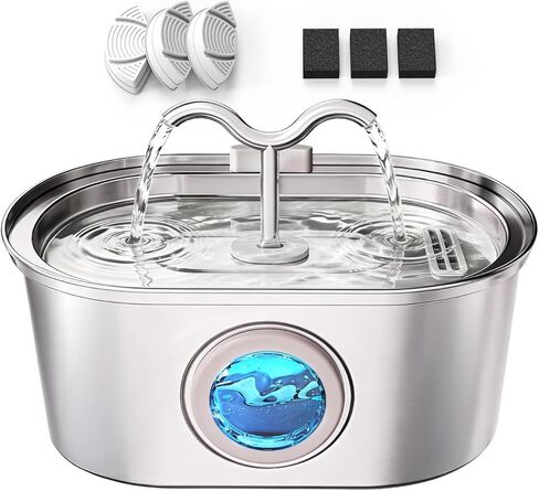 Stainless Steel Cat Water Fountain, 108oz/3.2L Pet Water Fountain for Cats Indoor, with Dual Spouts for Multiple Cats, Ultra-Quiet Automatic Dog Water Dispenser, 3 Replacement Filters Included in Kuwait
