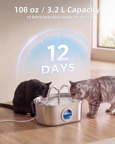 Stainless Steel Cat Water Fountain, 108oz/3.2L Pet Water Fountain for Cats Indoor, with Dual Spouts for Multiple Cats, Ultra-Quiet Automatic Dog Water Dispenser, 3 Replacement Filters Included in Kuwait