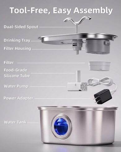 Stainless Steel Cat Water Fountain, 108oz/3.2L Pet Water Fountain for Cats Indoor, with Dual Spouts for Multiple Cats, Ultra-Quiet Automatic Dog Water Dispenser, 3 Replacement Filters Included in Kuwait