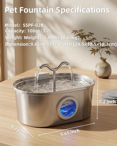 Stainless Steel Cat Water Fountain, 108oz/3.2L Pet Water Fountain for Cats Indoor, with Dual Spouts for Multiple Cats, Ultra-Quiet Automatic Dog Water Dispenser, 3 Replacement Filters Included in Kuwait