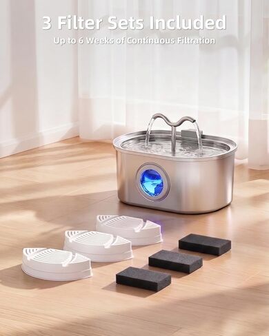 Stainless Steel Cat Water Fountain, 108oz/3.2L Pet Water Fountain for Cats Indoor, with Dual Spouts for Multiple Cats, Ultra-Quiet Automatic Dog Water Dispenser, 3 Replacement Filters Included in Kuwait
