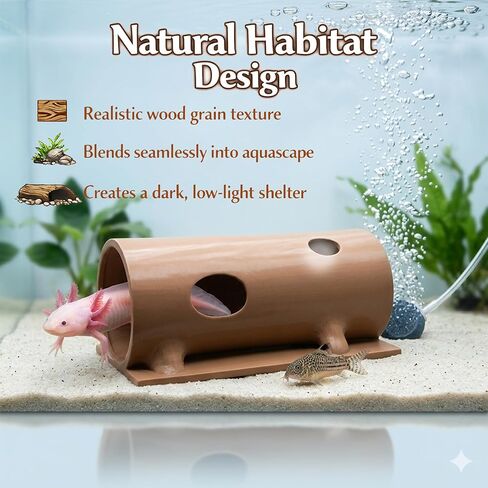Natural Log Aquarium Tunnel Hideout for Axolotl, Pleco & Corydoras – Aquarium Cave, Safe Non-Toxic Fish Shelter, Bottom Dweller Cave, Aquascape Decoration, Stable Base (8" Long) in Kuwait