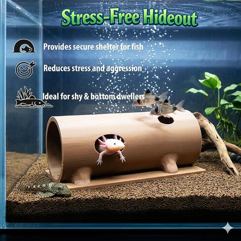 Natural Log Aquarium Tunnel Hideout for Axolotl, Pleco & Corydoras – Aquarium Cave, Safe Non-Toxic Fish Shelter, Bottom Dweller Cave, Aquascape Decoration, Stable Base (8" Long) in Kuwait