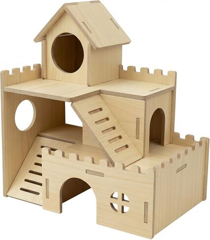 3-Tier Wooden Hamster Hideout, Syrian Hamster House with Ramps & Entrances, for Dwarf Hamsters, Gerbils (Not for Guinea Pigs) in Kuwait