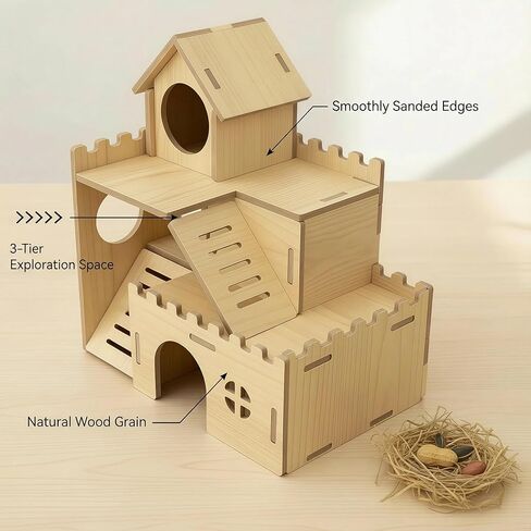 3-Tier Wooden Hamster Hideout, Syrian Hamster House with Ramps & Entrances, for Dwarf Hamsters, Gerbils (Not for Guinea Pigs) in Kuwait