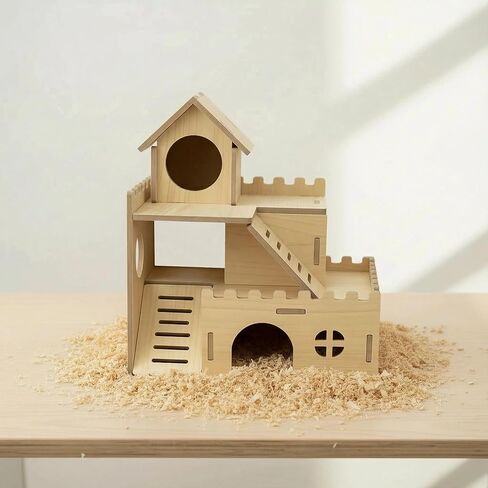 3-Tier Wooden Hamster Hideout, Syrian Hamster House with Ramps & Entrances, for Dwarf Hamsters, Gerbils (Not for Guinea Pigs) in Kuwait