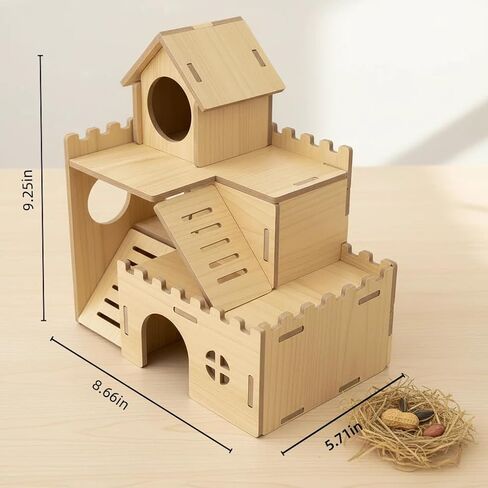 3-Tier Wooden Hamster Hideout, Syrian Hamster House with Ramps & Entrances, for Dwarf Hamsters, Gerbils (Not for Guinea Pigs) in Kuwait