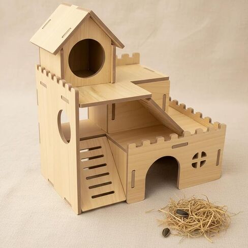 3-Tier Wooden Hamster Hideout, Syrian Hamster House with Ramps & Entrances, for Dwarf Hamsters, Gerbils (Not for Guinea Pigs) in Kuwait