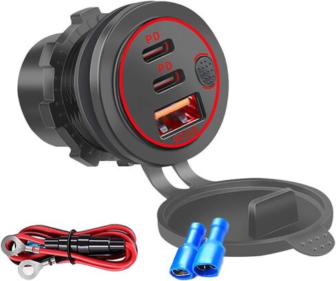 شاحن سيارة Kework 3 منافذ 18 وات USB مع مفتاح، 12 فولت - 24 فولت QC 3.0 USB ومقبس ولاعة سجائر USB مزدوج PD USB C، شاحن شحن سريع مقاوم للماء على لوحة القيادة لسيارة دراجة نارية شاحنة قارب بحري (أخضر) in Kuwait