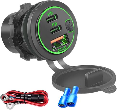 3 Ports 18W USB Car Charger with Switch, 12-24V QC 3.0 USB & Dual PD USB C Cigarette Lighter Socket Outlet, Dashboard Mount Quick Charge Charger for Car Motorcycle Truck Marine Boat (Blue) in Saudi Arabia