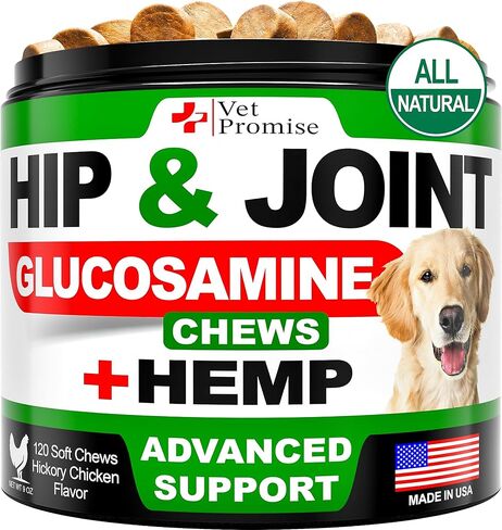 Vet Promise Hemp Hip and Joint Support Supplement for Dogs - Glucosamine for Dogs - Hemp Oil, MSM, Chondroitin - Support for Joint Pain Relief and Health - 120 Soft Chews - Made in USA in Kuwait