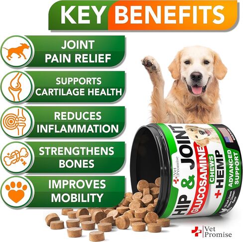 Vet Promise Hemp Hip and Joint Support Supplement for Dogs - Glucosamine for Dogs - Hemp Oil, MSM, Chondroitin - Support for Joint Pain Relief and Health - 120 Soft Chews - Made in USA in Kuwait