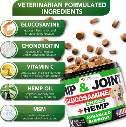 Vet Promise Hemp Hip and Joint Support Supplement for Dogs - Glucosamine for Dogs - Hemp Oil, MSM, Chondroitin - Support for Joint Pain Relief and Health - 120 Soft Chews - Made in USA in Kuwait