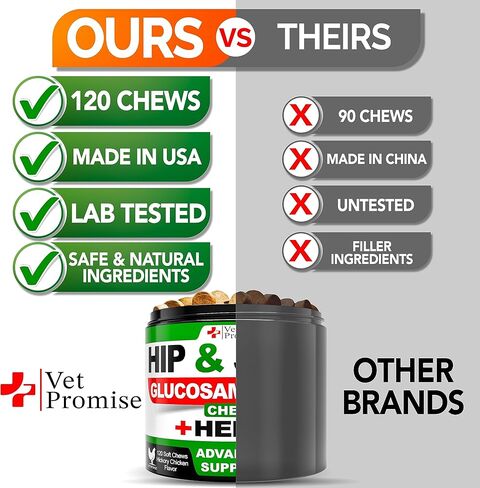 Vet Promise Hemp Hip and Joint Support Supplement for Dogs - Glucosamine for Dogs - Hemp Oil, MSM, Chondroitin - Support for Joint Pain Relief and Health - 120 Soft Chews - Made in USA in Kuwait