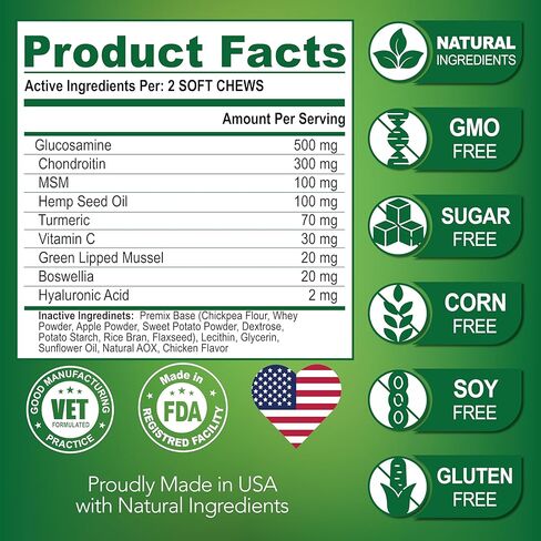Vet Promise Hemp Hip and Joint Support Supplement for Dogs - Glucosamine for Dogs - Hemp Oil, MSM, Chondroitin - Support for Joint Pain Relief and Health - 120 Soft Chews - Made in USA in Kuwait