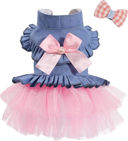 Dog Dress, Fashion Puppy Tutu Princess Dresses for Small Dogs Girl, Sweet Skirt with Dog Bowknot Clips, Spring Dog Cat Clothes Pet Apparel (Denim Princess Dress, XX-Small) in Saudi Arabia