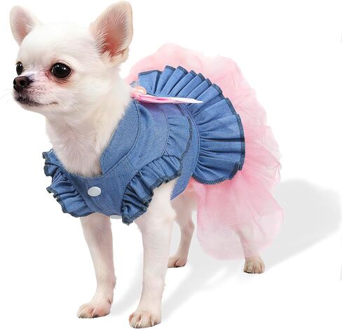 Dog Dress, Fashion Puppy Tutu Princess Dresses for Small Dogs Girl, Sweet Skirt with Dog Bowknot Clips, Spring Dog Cat Clothes Pet Apparel (Denim Princess Dress, XX-Small) in Saudi Arabia