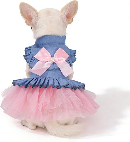 Dog Dress, Fashion Puppy Tutu Princess Dresses for Small Dogs Girl, Sweet Skirt with Dog Bowknot Clips, Spring Dog Cat Clothes Pet Apparel (Denim Princess Dress, XX-Small) in Saudi Arabia
