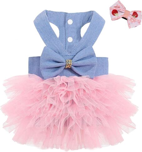 Dog Dress, Fashion Puppy Tutu Princess Dresses for Small Dogs Girl, Sweet Skirt with Dog Bowknot Clips, Spring Dog Cat Clothes Pet Apparel (Denim Princess Dress, XX-Small) in Saudi Arabia