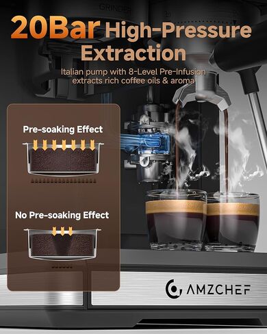 ماكينة اسبريسو AMZCHEF مع مطحنة، 3 درجات حرارة 197-205 درجة فهرنهايت، ماكينة اسبريسو احترافية، 3-10 ثوانٍ قبل التسريب، 20 إعدادًا للطحن، صانع لاتيه كابتشينو منزلي باريستا، أسود in Kuwait
