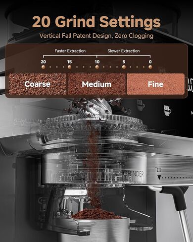 ماكينة اسبريسو AMZCHEF مع مطحنة، 3 درجات حرارة 197-205 درجة فهرنهايت، ماكينة اسبريسو احترافية، 3-10 ثوانٍ قبل التسريب، 20 إعدادًا للطحن، صانع لاتيه كابتشينو منزلي باريستا، أسود in Kuwait
