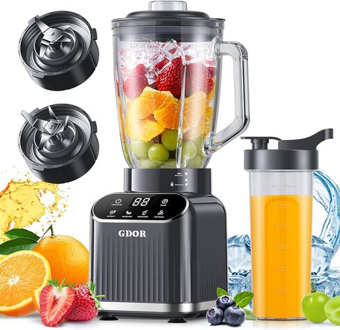 GDOR Professional Blender for Kitchen, 1200 Peak Watts Smoothie Blender, 5 Functions for Ice Crushing & Frozen Fruit, 52 Oz Glass Jar & 24 Oz To-Go Cup Combo, Self-Cleaning, Gray in Kuwait