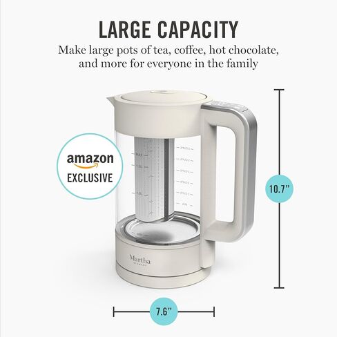 Martha Stewart Electric Kettle with Removable Stainless Steel Tea Infuser, Glass Carafe 1.7L (7 Cups), Hot Water Boiler, 4 Presets, Keep Warm & Auto Shut-Off, Cordless 360° Swivel Base, Linen White in Saudi Arabia