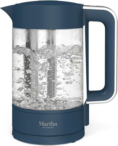 Martha Stewart Electric Kettle with Removable Stainless Steel Tea Infuser, Glass Carafe 1.7L (7 Cups), Hot Water Boiler, 4 Presets, Keep Warm & Auto Shut-Off, Cordless 360° Swivel Base, Linen White in Saudi Arabia