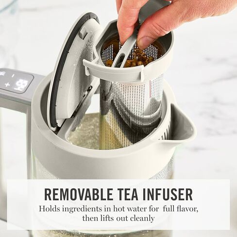 Martha Stewart Electric Kettle with Removable Stainless Steel Tea Infuser, Glass Carafe 1.7L (7 Cups), Hot Water Boiler, 4 Presets, Keep Warm & Auto Shut-Off, Cordless 360° Swivel Base, Linen White in Saudi Arabia
