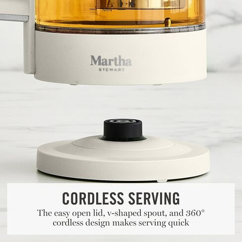 Martha Stewart Electric Kettle with Removable Stainless Steel Tea Infuser, Glass Carafe 1.7L (7 Cups), Hot Water Boiler, 4 Presets, Keep Warm & Auto Shut-Off, Cordless 360° Swivel Base, Linen White in Saudi Arabia